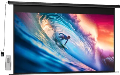 A projection screen displaying a vibrant image of a surfer riding a large wave.