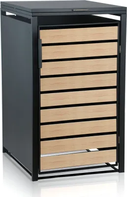 Produktbild von Zelsius Mülltonnenbox für eine Mülltonne | Anthrazit RAL 7016 | Tür in Holzoptik
