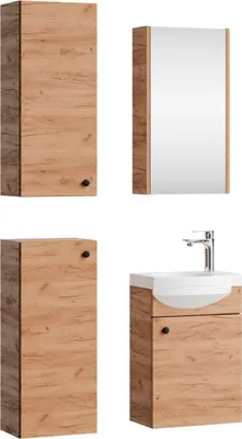 Produktbild von Planetmöbel Badmöbel-Set Waschtisch mit Unterschrank 40 cm, Spiegelschrank 40 cm & 2X Midischränke Gold Eiche