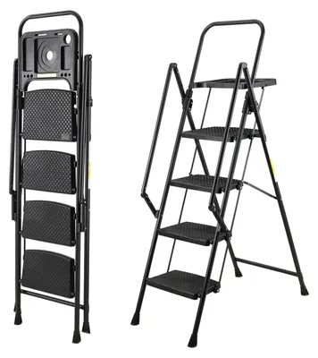 Imagen del producto de Escalera, peldaños antideslizantes, bandeja de herramientas extraíble, color negro - material: ABS y acero (Q235)