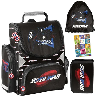 Produktbild von Schulranzen für Jungen und Mädchen, 4er-Set - Schul-Rucksack für Kinder mit Federmäppchen - Schuhbeutel und Hausaufgabenheft - Avengers 1-3 Klasse