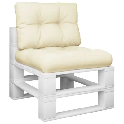 A white pallet chair with cream cushions.