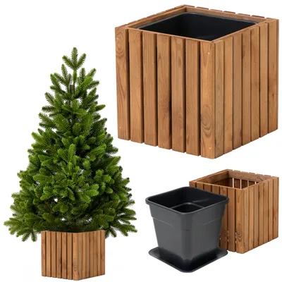 Produktbild von Holzblumentopf für Weihnachtsbaum 1,5 m – Wetterfester Blumenkasten 36 x 36 x 35 cm mit 18 L Einsatz für lebende Weihnachtsbäume, fertig montiert