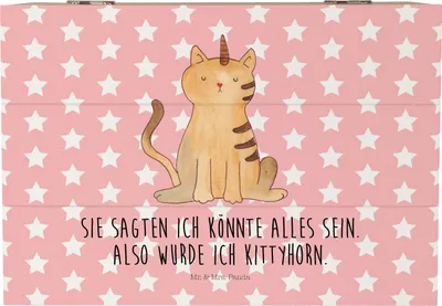 Produktbild von Mr. & Mrs. Panda Box Einhorn Katze 22 x 15 cm - Rot Pastell - Geschenk, Unicorn, Holzbox, Geschenkbox, Regenbogen, Truhe, Glitzer, fotokiste, Mieze, Kiste, fotobox