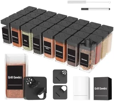 Produktbild von PromoHome® Kräuterdosen Set - 12 Quadratische Kräuterstreuer 120ml - Luftdichte Küchenorganizer mit Deckeln, Etiketten und Zubehör - Schwarz