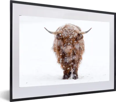 Produktbild von MuchoWow® MuchoWow® Gerahmtes Poster Schottisches Hochlandrind - Kuh - Schnee 60x40 cm - Poster mit zchwarzem Bilderrahmen - Schlafzimmer - Plakat in Rahmen - Drucken