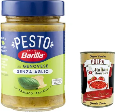 Produktbild von 12x Pesto alla Genovese senza Aglio 190g | Glutenfreie Pasta-Nudel-Sauce - Unser Klassiker mit 100% italienischem Basilikum ganz ohne Knoblauch + Italian gourmet polpa 400g