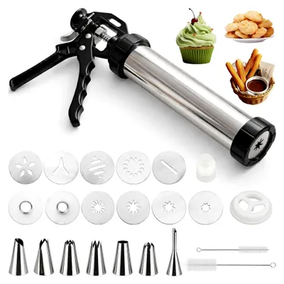 Produktbild von Gebäckpresse für Spritzgebäck - Edelstahl Spritzgebäck Presse, Churro Presse Maker Maschine, mit 10 Schablonen, 7 Edelstahl Tüllen, für Kuchen Dessert Maker Cookie Presse