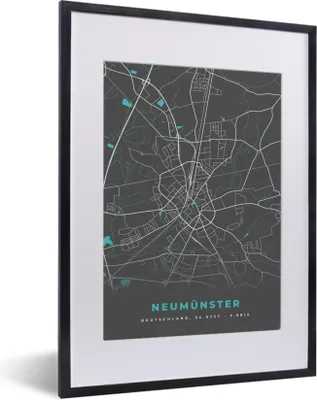 Produktbild von MuchoWow® Gerahmtes Poster Neumünster - Stadtplan - Blau - Karte - Deutschland 30x40 cm - Poster mit Schwarzem Bilderrahmen Wandposter Rahmen Foto Bilder - Wandposter Schlafzimmer