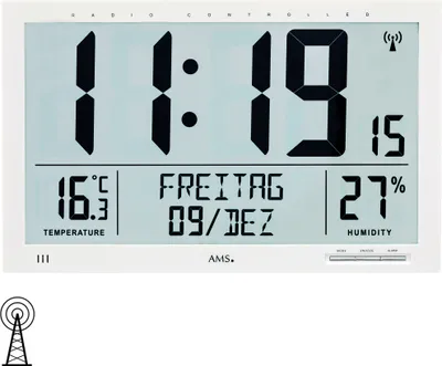 Produktbild von AMS 5887 Wanduhr Tischuhr Funk Funkwanduhr digital weiß Datum Thermometer Wecker