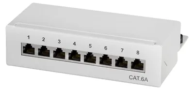 Immagine prodotto di Pannello di permutazione - Cat 6A - 8 porte RJ45 - STP schermato - RAL 7035 - Per tavolo, parete e desktop
