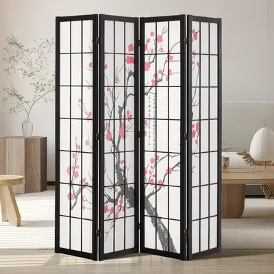 A four-panel folding screen with a Japanese cherry blossom design, set in a well-lit room with furniture.