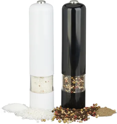 Immagine prodotto di Macinino elettrico per pepe - Illuminazione - Set da 2 - Macinino per spezie - Plastica - Funziona a batteria - Nero - Bianco