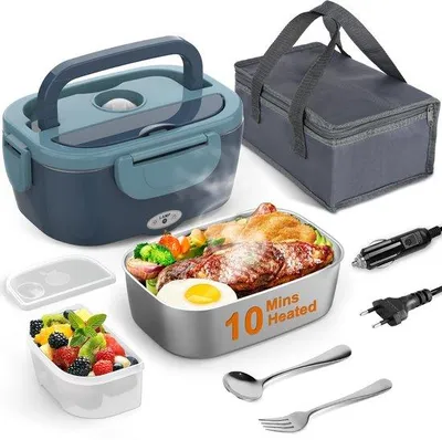 Image de Boîte à repas électrique isotherme avec sacoche, fourchette et cuillère en acier inoxydable, récipient alimentaire de 1,5 l, 12 V, 24 V, 110~230 V, étanche, pour voiture, camion, bureau