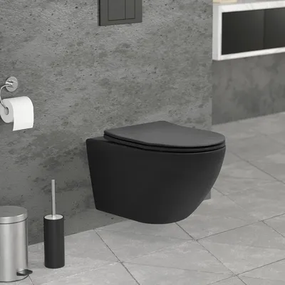 Zdjęcie produktu dla LuxeBath Bezrantowa toaleta wisząca, długa 54 cm, czarny mat, toaleta ze zdejmowaną deską sedesową wykonaną z Duroplastu z mechanizmem miękkiego zamykania, wykonana z ceramiki sanitarnej