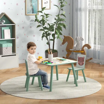 Produktbild von zonekiz, Kindersitzgruppe, Grün, Tiermotiv, 3-8 Jahre, 3-teilig (1 Tisch & 2 Stühle), MDF Kiefer, Tisch: 60L x 60B x 44H cm, Stuhl: 26,5B x 26,5T x 50H cm, Belastbarkeit: 20 kg (Tisch), 30 kg (Stuhl), Kinderzimmer & Lernbereiche