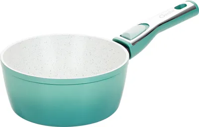 A teal saucepan with a white speckled interior and a silver and teal handle is shown against a white background.