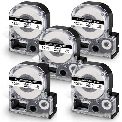 Labeltape 12 mm x 8 m, 5 Stück, schwarz auf weiß, für LabelWorks