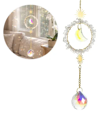 Produktbild von Sonnenfänger Suncatcher Fensterdeko Hängedeko Mond im Kreis Bergkristall Anhänger Geschenkidee