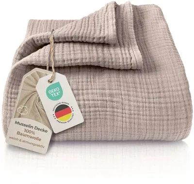Produktbild von Unyqoos® Musselin-Decke, 100% Baumwolle 4-lagig – temperaturregulierend & atmungsaktiv, , Taupe, bis 30 °C waschbar, 1 Stück