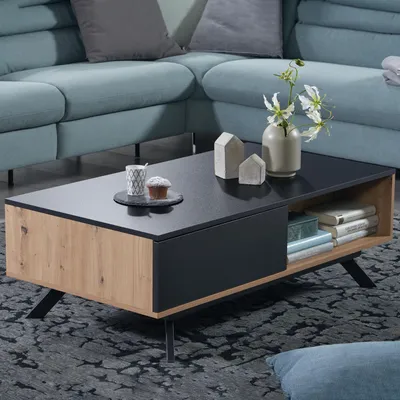 Zdjęcie produktu dla Stolik kawowy FineBuy 110 x 60 x 38 cm, MDF, wykończenie dębowe / czarny, stolik do salonu, stolik pod sofę, prostokątny, z miejscem do przechowywania, stolik kawowy z szufladami