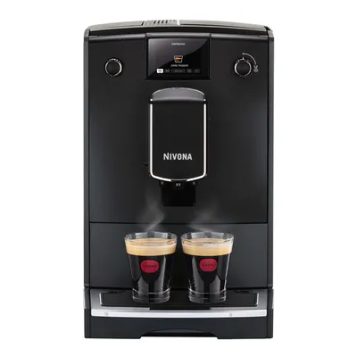 A black Nivona espresso machine with two cups of coffee steaming in front of it.