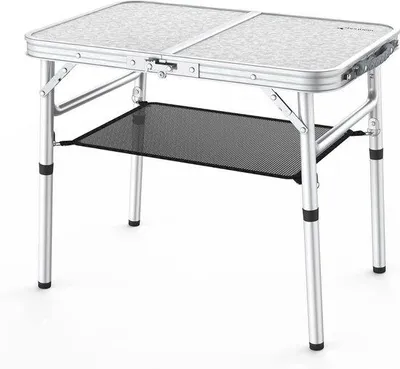 Produktbild von Famanu Klapptisch höhenverstellbar - tragbare Campingtafel mit Netzablage - 59,9 cm L x 39,9 cm B (2 Höhen)