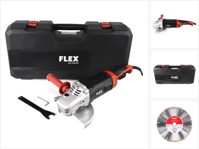 A collection of tools and accessories for an angle grinder, including the grinder itself, a case, a cutting disc, and tools.