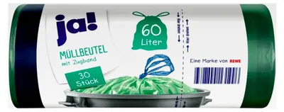 Produktbild von Müllbeutel mit Zugband, 60 Liter, 30 Stück pro Rolle, reißfeste Bodennaht, transparent, 4 Rollen