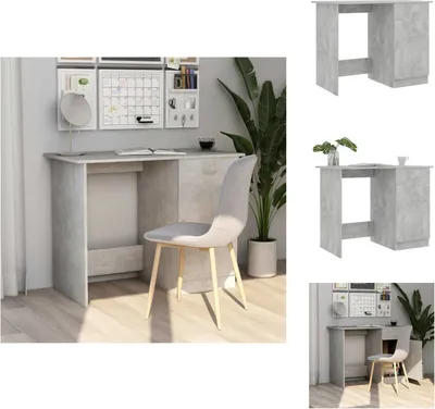 A collage of images showing a concrete-effect desk and chair, with additional views of the desk from different angles and a close-up of the desk setup.