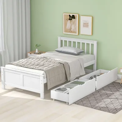Produktbild von Einzelbett, 90x200 cm, Massivholzbett mit Kopfteil, Lattenrost und 2 Schubladen, Holzbett aus Kiefer, Jugendbett, Kinderbett