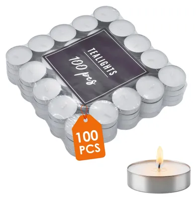 Image de Bougies chauffe-plat classiques non parfumées dans une enveloppe en aluminium, 38 mm, durée de combustion de 4 heures - 100 pièces - Bougies de table blanches non parfumées dans une enveloppe argentée