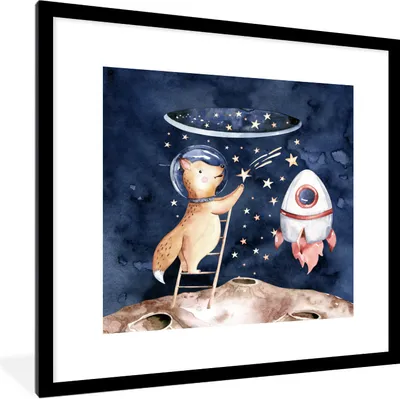 Produktbild von MuchoWow® Gerahmtes Poster Rakete - Weltraum - Fuchs - Jungen - Mädchen - Kinder 40x40 cm - Poster mit Schwarzem Bilderrahmen Wandposter Rahmen Foto Bilder - Poster - Plakat im Rahmen