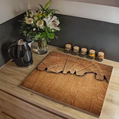 Produktbild von banjado Herdabdeckplatte einteilig 60,x52cm groß mit Gummi Abstandshalter, ESG Sicherheitsglas mit Motiv Holz [HAP1 10447]