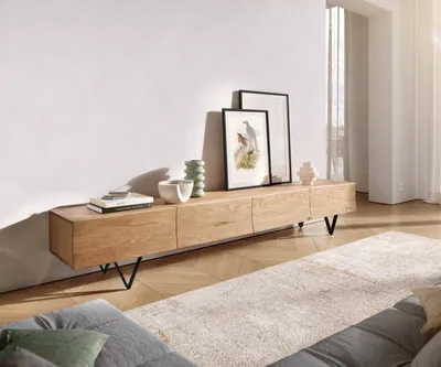Produktbild von DELIFE Lowboard Wyatt 220 cm Eiche Natur 4 Schübe V-Fuß Metall Schwarz