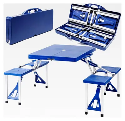 Produktbild von Camping Sitzgruppe mit 4 Plätzen, klappbar, Kunststoff, Campingtisch mit Aluminiumstangen, faltbares Campingmöbel Set