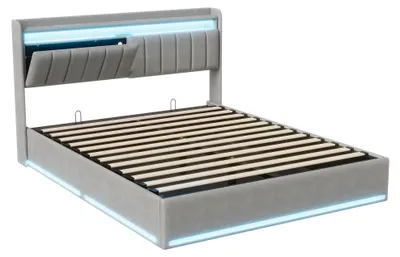 Zdjęcie produktu dla Łóżko tapicerowane z podnoszanym materacem i oświetleniem LED, z portami USB - łóżko z pojemnikiem na pościel, wymiar 160x200 cm - zagłówek z półką i oświetleniem - obicie z weluru - bez materaca - kolor: szary