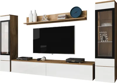 Produktbild von MIRJAN24 Wohnwand Vera II, Stilvoll Wohnzimmer-Set, TV-Schrank, Modern Mediawand (Wotan / Weiß Hochglanz, ohne Beleuchtung)