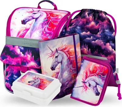 Produktbild von BAAGL Zippy Königliches Einhorn Schulranzen-Set 5tlg: Schulranzen, Federmäppchen, Turnbeutel, Heftmappe, Brotdose