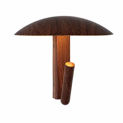 Imagen del producto de Lámpara de pared LED de 3W, 2700K, con cuerpo de metal con aspecto de madera oscura, que incluye un foco de lectura ajustable e interruptor