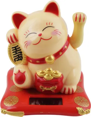 Produktbild von Glückskatze Maneki-neko Talisman beige Solar 7,5cm Winkekatze Lucky cat