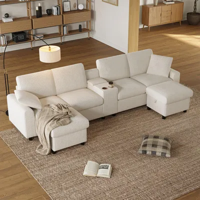Produktbild von STILVORA U-förmiges Sofa mit zwei Fußhockern Relaxsofa mit Stauraum und zwei Getränkehaltern,Sitzgruppe mit 1 USB-Anschluss,Bettsofa mit 2 Steckdosen und 2 Type-C-Anschlüssen,Beige