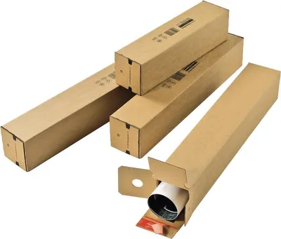 Several cardboard shipping tubes are stacked and one is open, showing a rolled item inside.