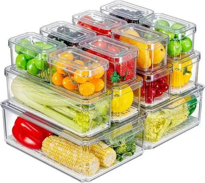 Produktbild von Famanu Kühlschrankorganizer Set 14-teilig - Stapelbare Aufbewahrung mit Deckeln, BPA-frei