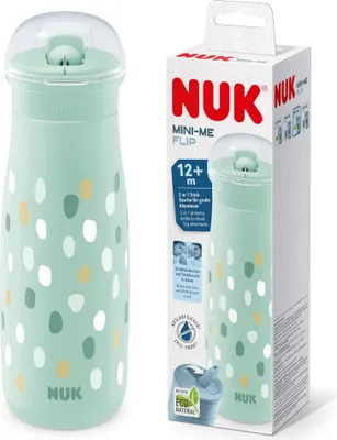 Produktbild von NUK Mini-Me Flip mit Strohhalm für Kleinkinder | ab 12 Monate | 450 ml | Kinderwasserflasche | auslaufsichere stabile Trinköffnung | bruchsicher | Minze/Pünktchen
