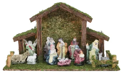 Weihnachtskrippe, Stall mit 11 Figuren, 38x15x22 cm, Polyresin