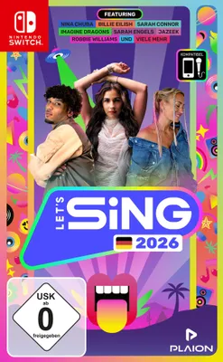 The image is a game box cover for 'Let's Sing 2026' on Nintendo Switch, featuring three artists and promotional text.