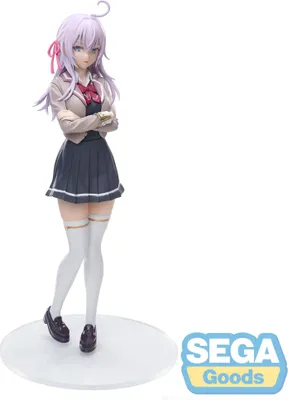A full-body shot of an anime figurine of a young woman in a school uniform, standing on a clear circular base.
