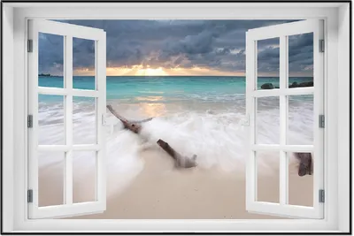 Produktbild von Wallario Wandbild mit Fenster-Illusion: Wellen am Strand bei Sonnenuntergang, Größe: 61 x 91,5 cm, Poster mit schwarzem Aluminiumrahmen