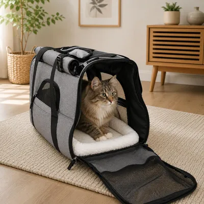 Produktbild von belviona Katzentragetasche, Transporttasche mit Netzfenstern, herausnehmbarem Liegekissen & Schultergurt, bis 10 kg, grau, KI-generiertes Bild